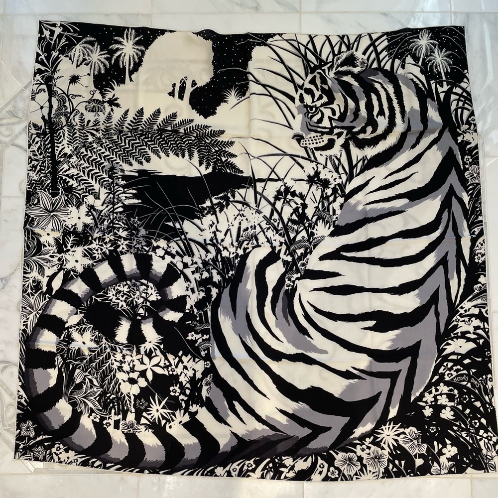 Hermes “Tyger Tyger” rare 140cm cashmere silk shawl